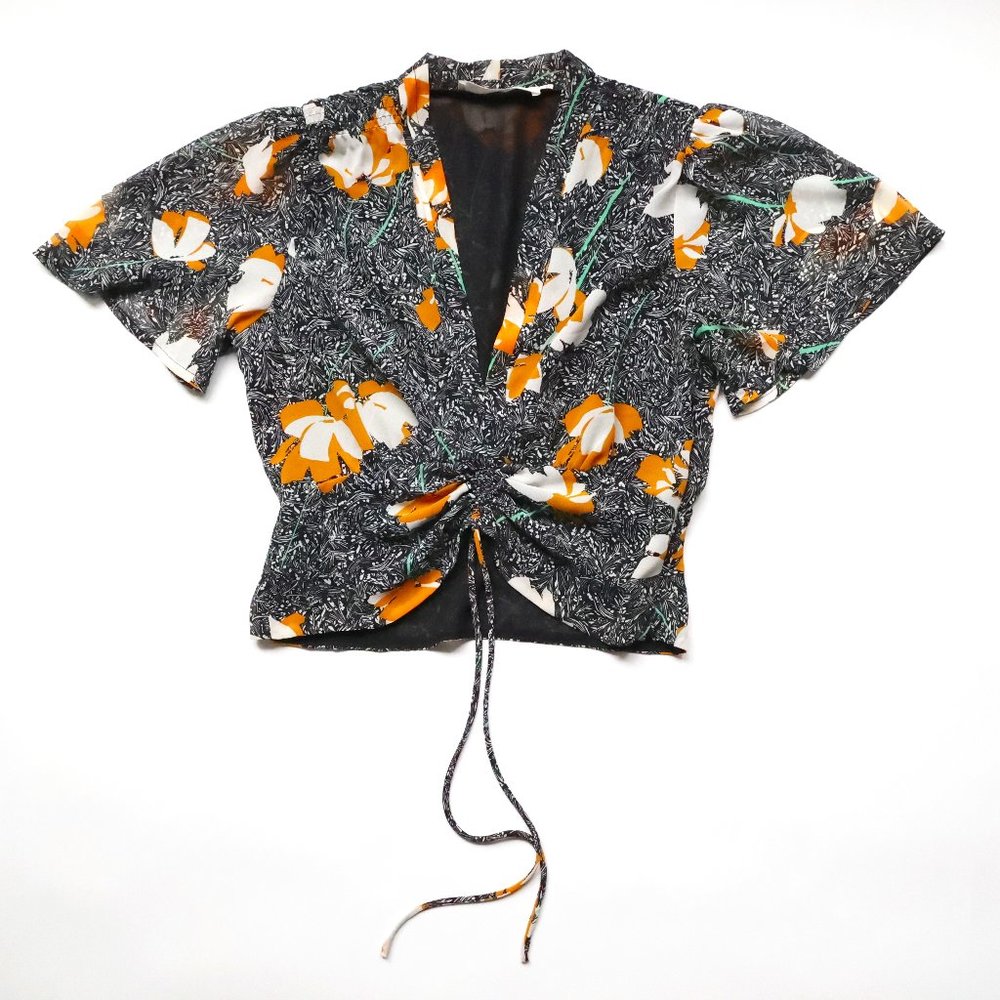 Floral print deep cleavage Black white polka dot ruched blouse - Size S